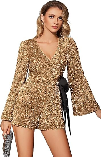 UNIQUE 21 Women Sequin Romper One Piece Shiny Wrap V Neck Shorts Jumpsuit Deep V Neck Long Sleeve... | Amazon (US)