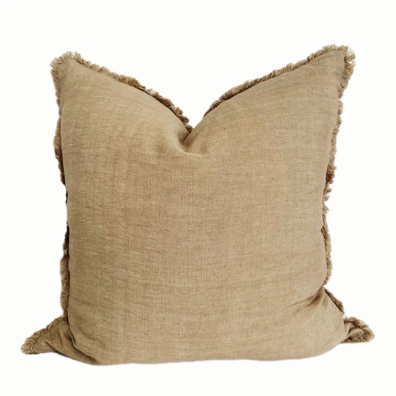 Fringe Linen Pillow Cover 20"x20", Neutral Farmhouse Pillow, Soft Decorative Linen Pillow Case, B... | Etsy (US)