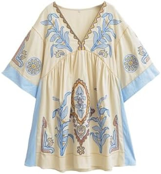 Joiemont Womens Oversized Embroidered Dress with V-Neck and 3/4 Sleeves Vintage Embroidery Babydo... | Amazon (US)
