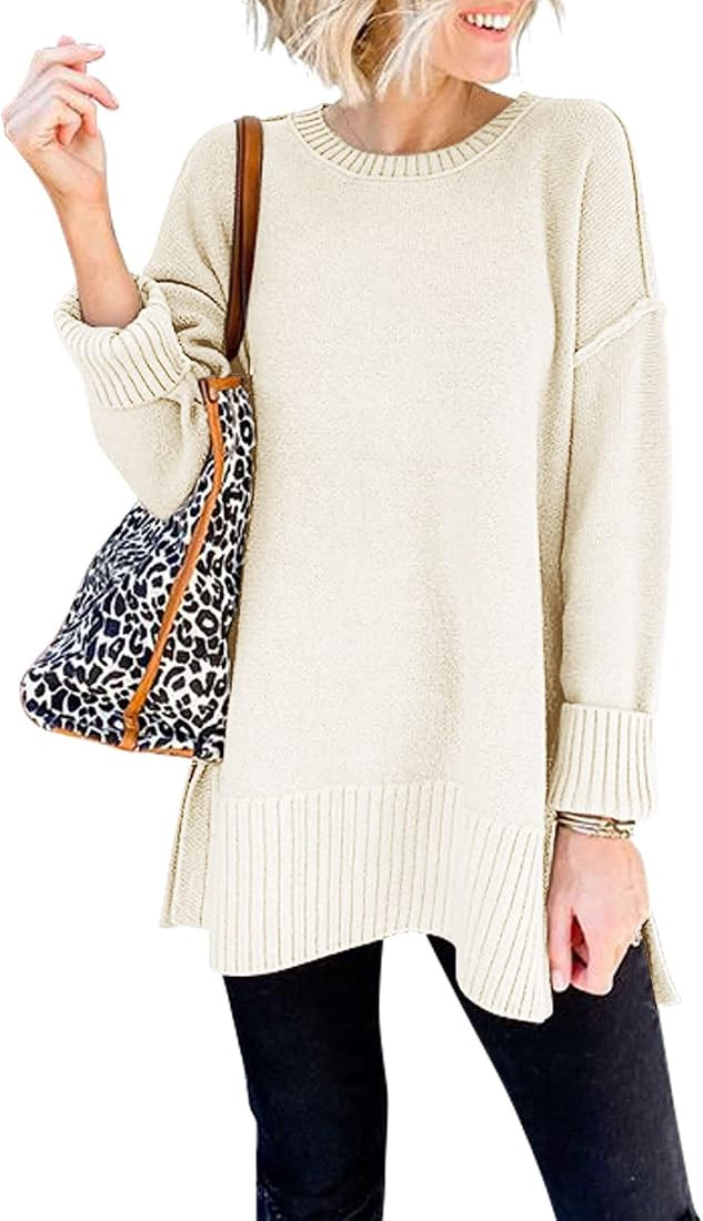 VTSGN Women's Crewneck Knit Sweater Long Sleeve Side Slit Pullover Sweater Tunic Tops | Amazon (US)