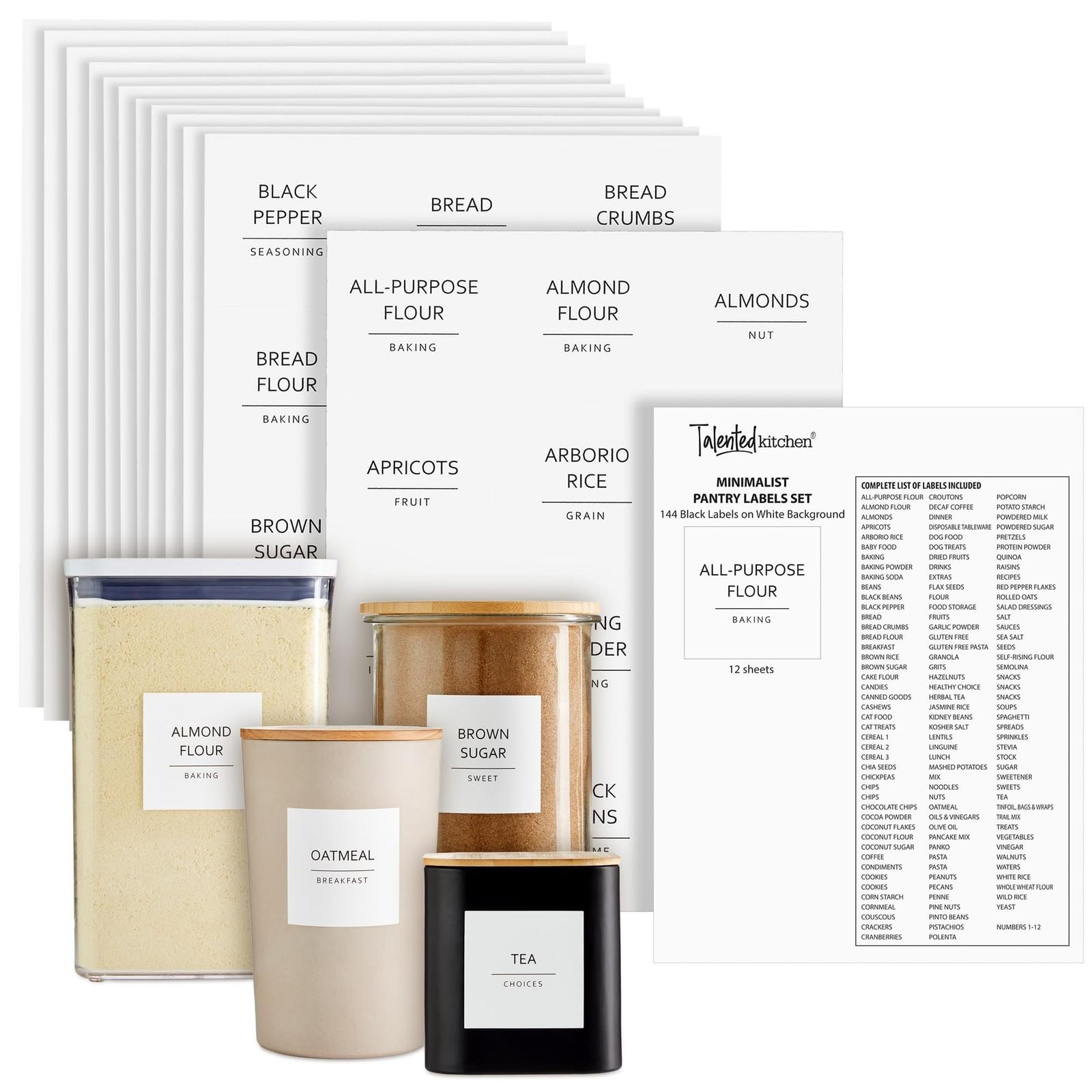 Talented Kitchen 144 Pantry Labels for Containers, Food Storage - Preprinted Black All-Caps on Ma... | Amazon (US)