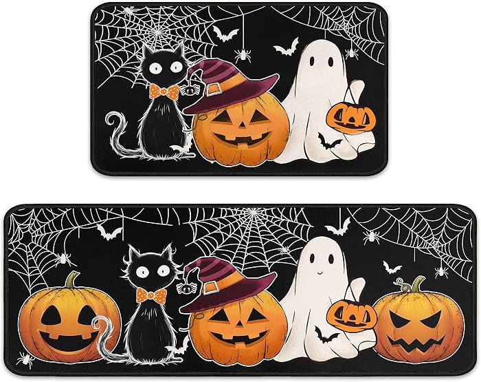 Halloween Kitchen Rugs Set of 2, Halloween Decorations for Home Non Slip Backing Cats Pumpkin Boo Kitchen Mats for Floor Holiday Rug Spooky Decor Party Gifts 17"X47"+17"X30" | Amazon (US)