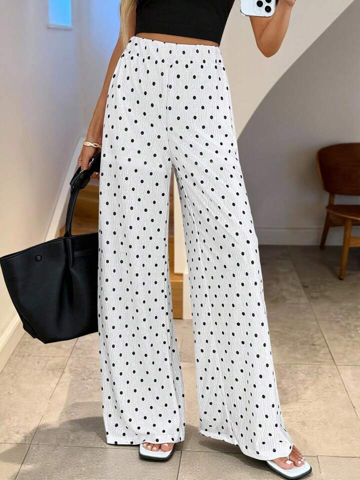 Easowa Teacher Outfits Women's Elasticated Waist Wide Leg Pants With Textured Polka Dot Print, Multi-Seasonal Women Summer Clothes Polka Dot Wide Leg Pants Woman Baggy Pants Teacher Outfits Polka Dot Work Clothes Business Professional Women Baggy Pants Wide Leg Women Pants | SHEIN