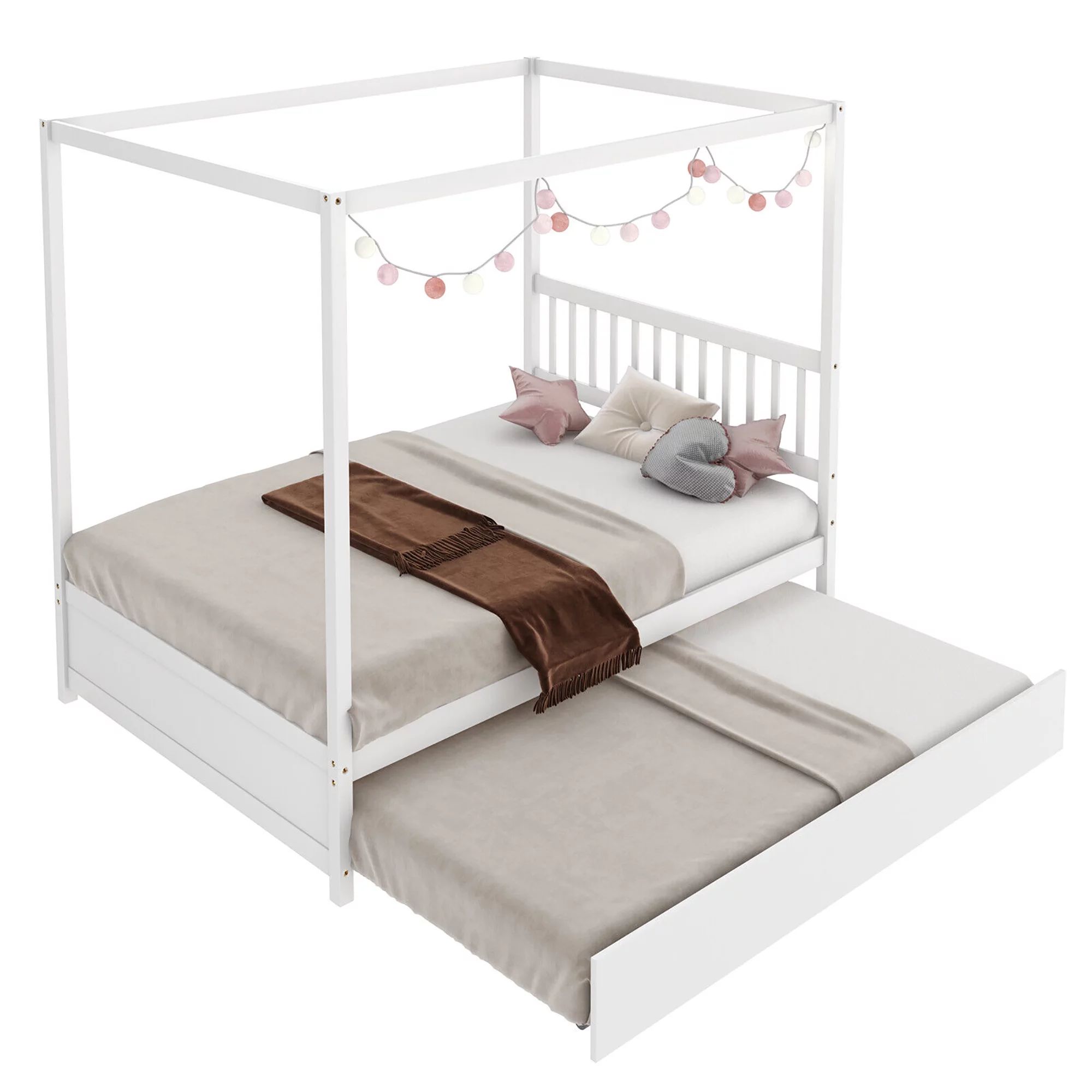 Gymax Full Size Canopy Bed with Trundle Wooden Platform Bed Frame Headboard White | Walmart (US)