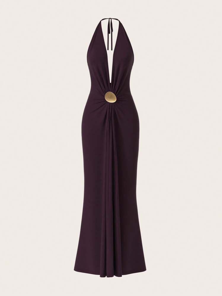 Opulessa Women's Burgundy Solid Color Knit Backless Dress, Metal Bucket Gathered Umbrella Hem Maxi Dress, An Elegant Dress Suitable For Festivals, Weddings, Birthdays, Graduation Seasons, Tight Dress, Fall Dresses For Women,Christmas Clothes,Halloween Clothes Women , Date Night Outfits Women,Wedding Guest Dresses ,Wedding Guest Dress Elegant,For Autumn And Winter | SHEIN