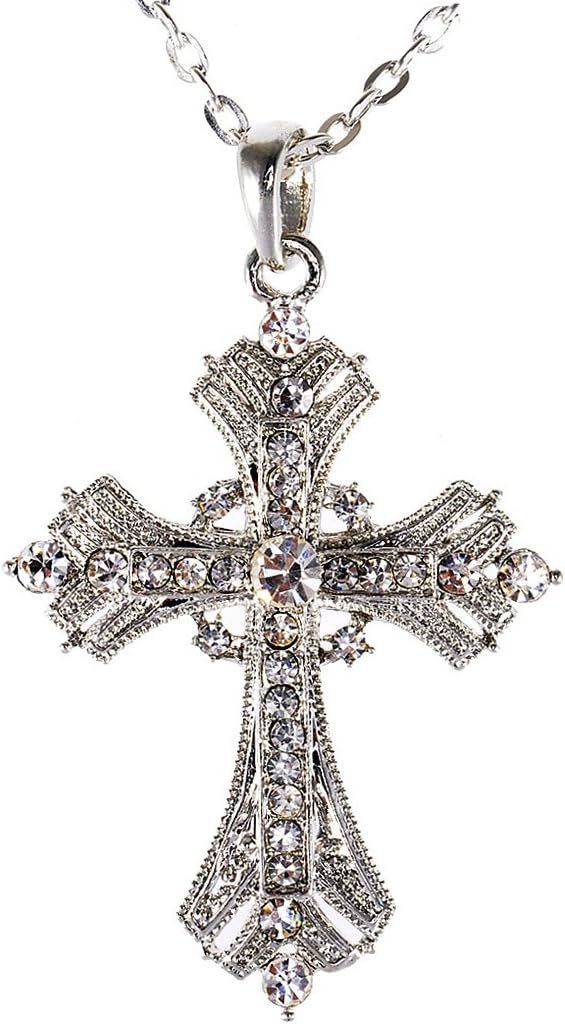 Alilang Silvery Tone Religious Cross Pendant Necklace w/Aquamarine Blue Or Clear Crystal Rhinesto... | Amazon (US)