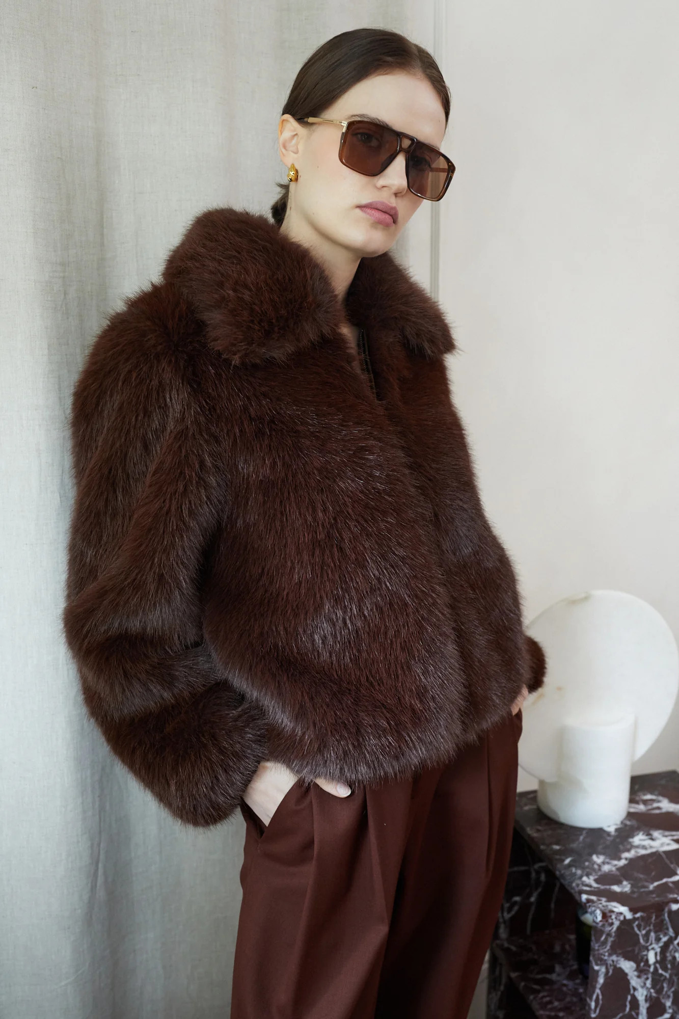 Women's short hair faux fur jacket in brown | Vivere London