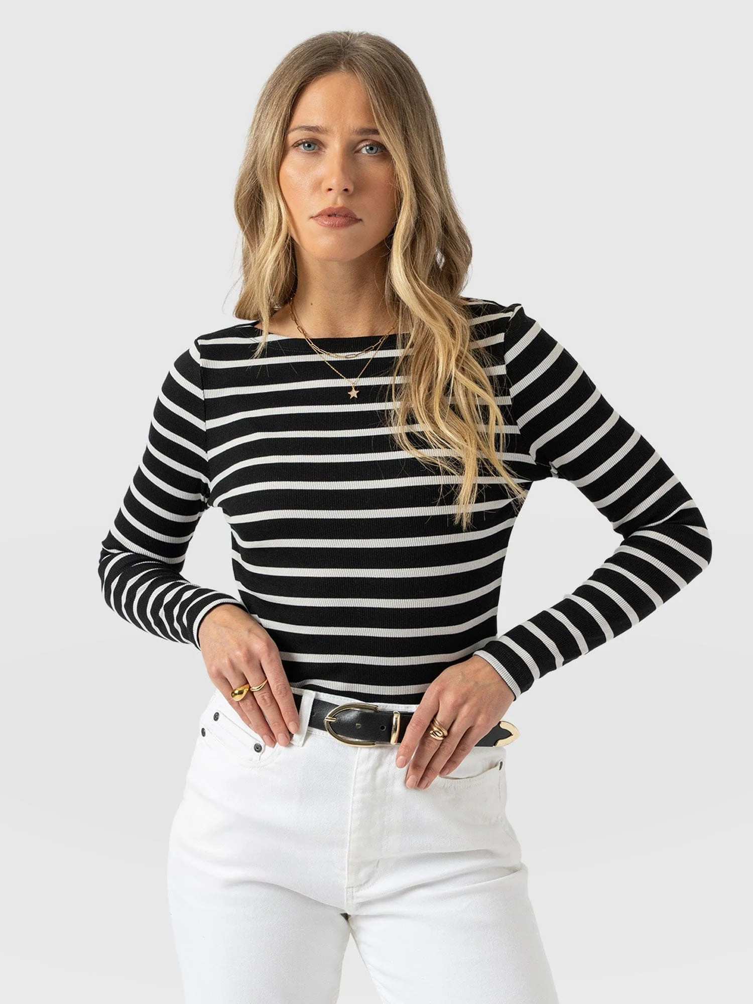 Austen Boat Neck Long Sleeve Tee - Black Stripe | Saint + Sofia