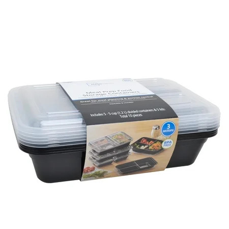 Mainstays 3 Compartment Rectangular 5Cups Meal Prep Container, 5 Pack – Black | Walmart Online Grocery
