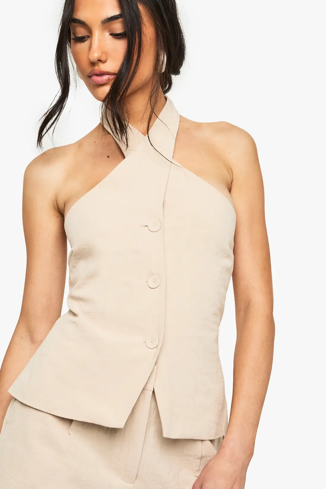 Stone Linen Cross Halterneck Waistcoat | Boohoo | Boohoo.com (UK & IE)