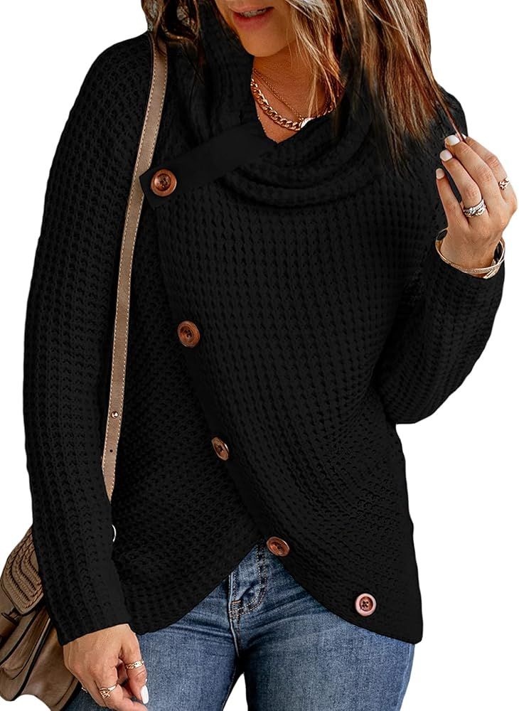 Asvivid Womens Button Cowl Neck Sweaters Lightweight Chunky Long Sleeve Asymmetric Wrap Pullover Swe | Amazon (US)