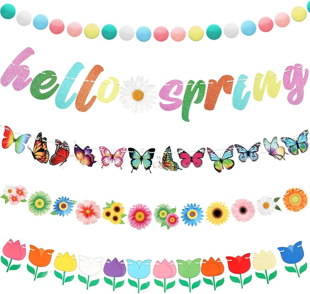 5 Pcs Spring Garland Decorations Hello Spring Banner Spring Felt Pompom Ball Garlands Daisy Tulip... | Amazon (US)