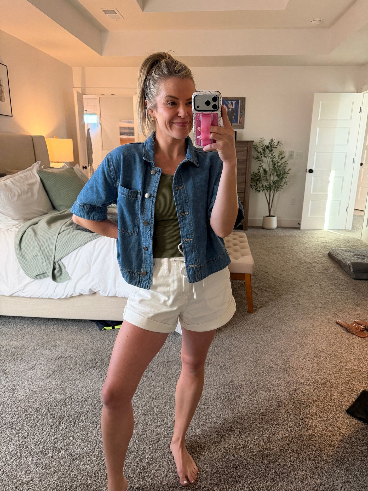 Ribbed tank with built in padding - Amazon true size small lots of colors 
Denim shirt - found at Marshall’s but found a similar one on Amazon with good reviews! 
White denim shorts - Target and SO good! Super comfy, stretchy waistband, pockets, functional tie and also available in light denim wash. True size 2 

Linking here!
Casual mom ootd / petite

#LTKmomlife #LTKootd #LTKPetite