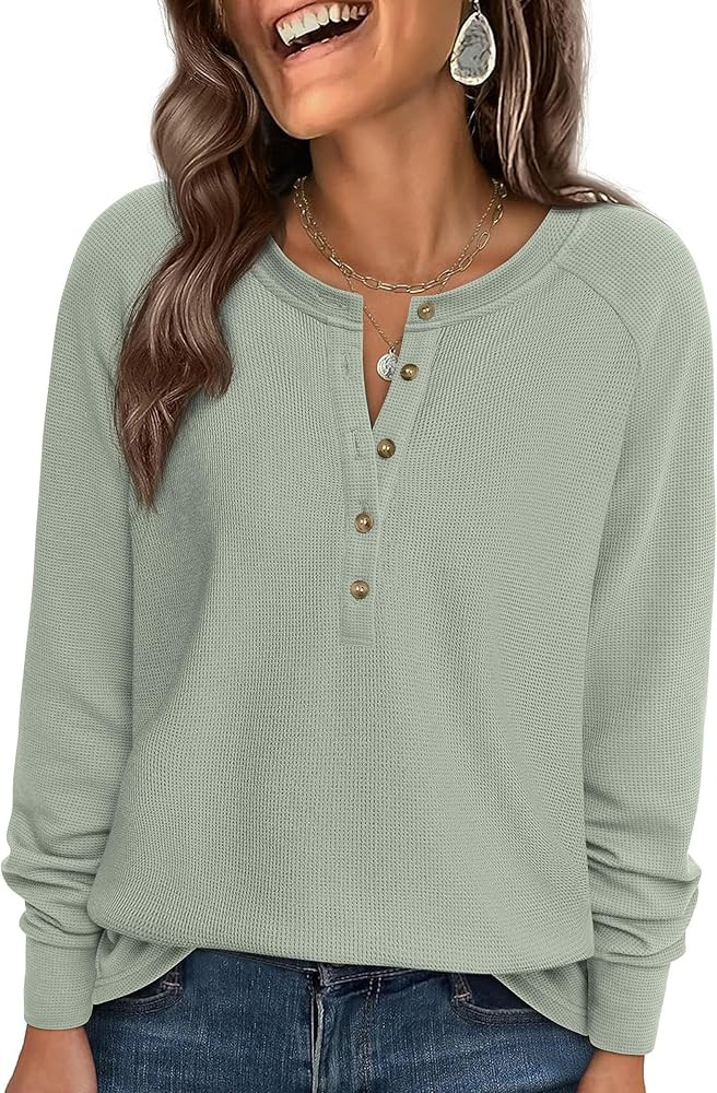 PRETTYGARDEN Women Long Sleeve Waffle Knit Shirts 2026 Fall Casual Button V Neck Loose Henley Top... | Amazon (US)