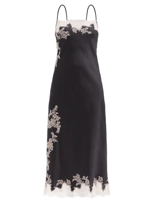 Carine Gilson - Square-neck Lace-trimmed Silk Midi Slip Dress - Womens - Black | Matches (US)