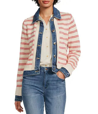 Mixed-Media Stripe Point Collar Long Sleeve Contrast Trim Button Front Jacket | Dillard's