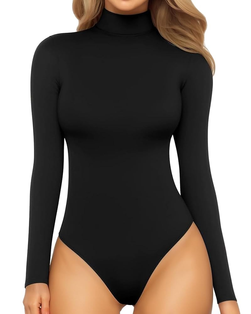 MANGOPOP Women's Mock Turtle Neck Long Sleeve Tops Bodysuit Jumpsuit | Amazon (US)