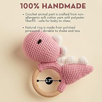 Chippi & Co Crochet Teether Wooden Rattle Ring, Pink Dino Stuffed Animal Plush Baby Newborn Baby Boy | Amazon (US)