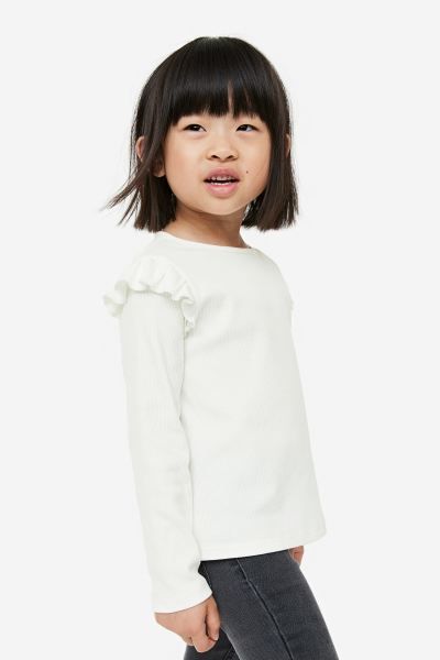 Ruffle-trimmed Ribbed Top - Black - Kids | H&M US | H&M (US + CA)