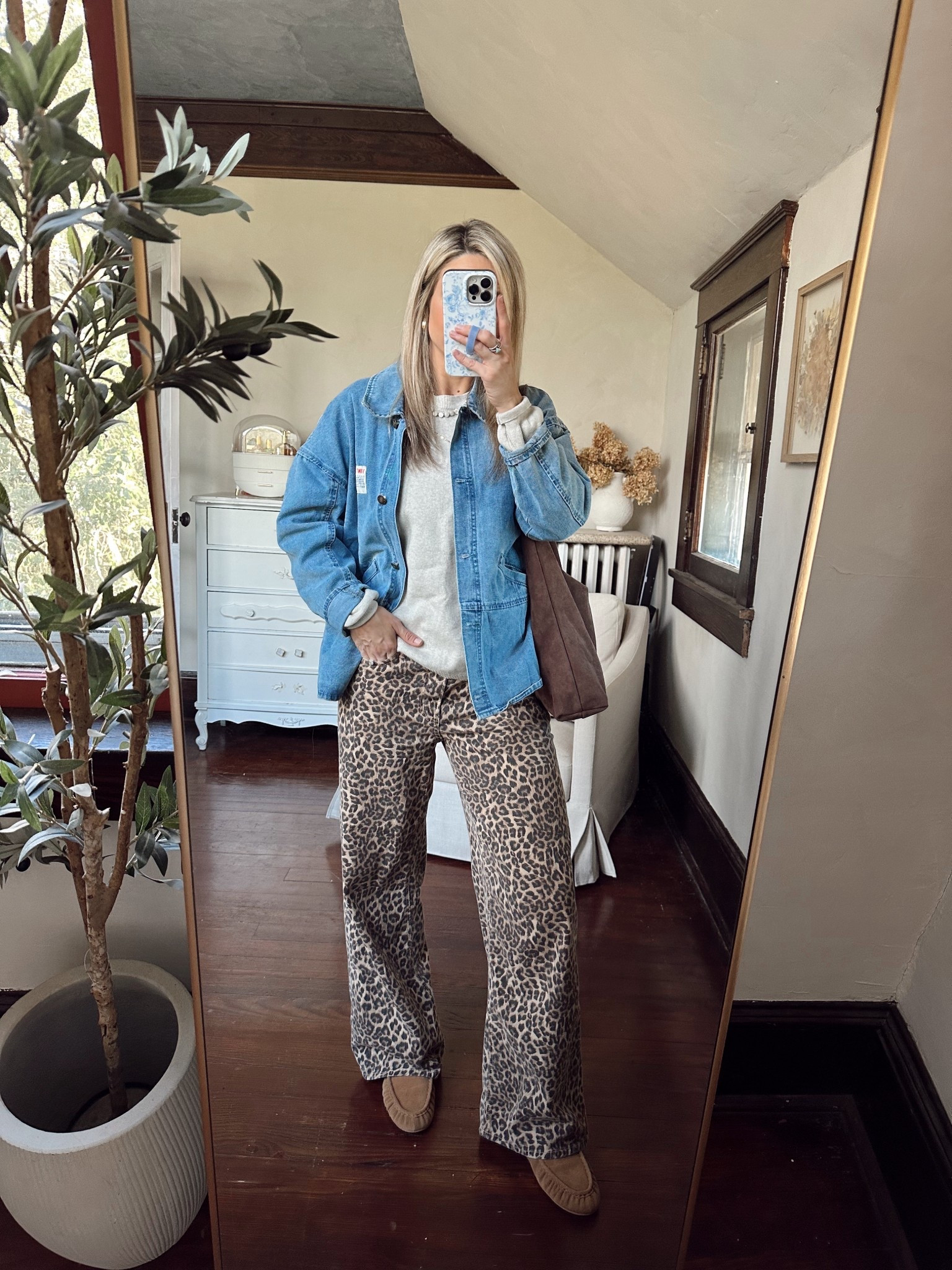 Amazon oversized denim jacket (medium) & sweater (medium and 100% cotton) Leopard jeans are old but linking in case they still have sizes!