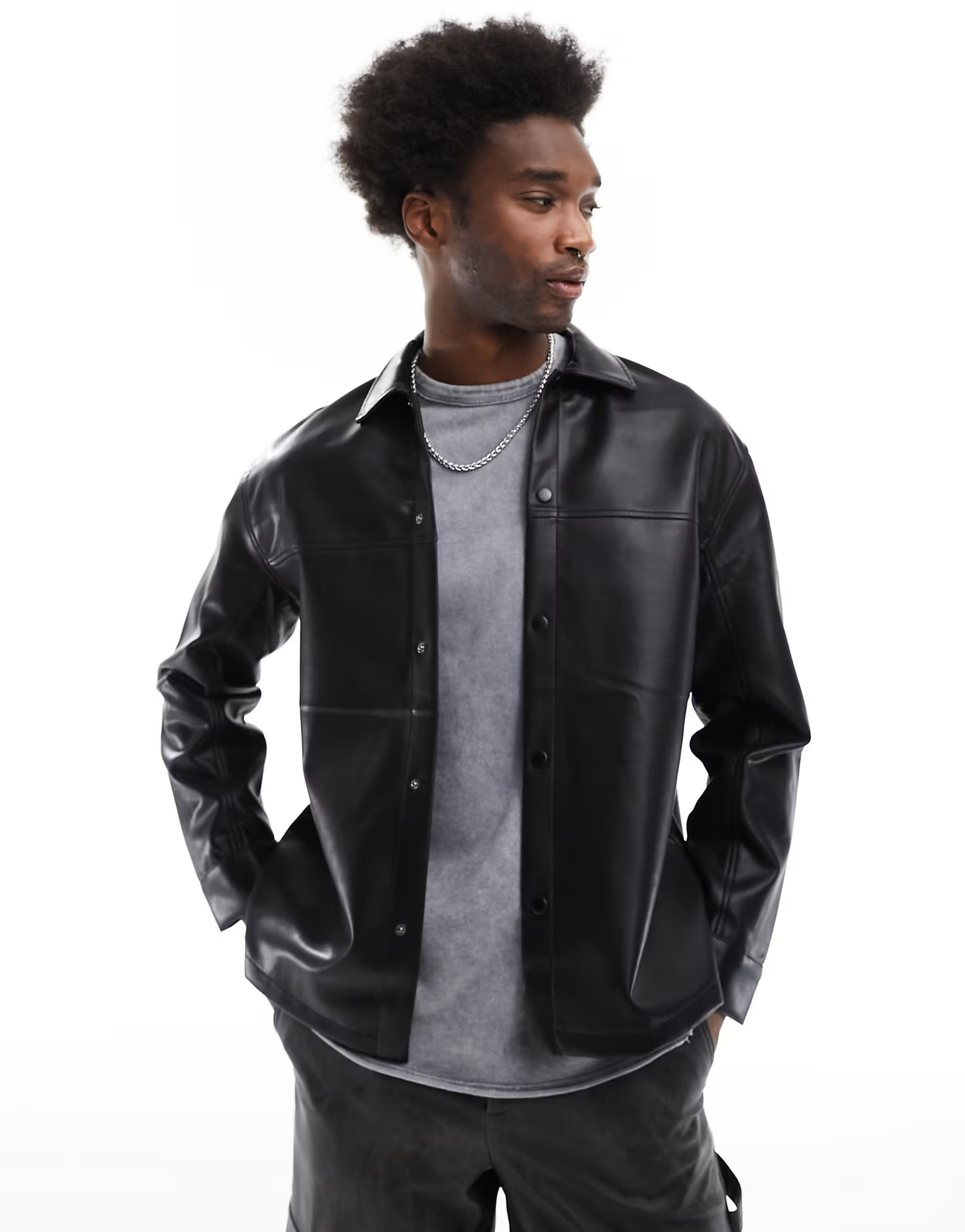 Bershka PU long sleeve shirt in black | ASOS (Global)