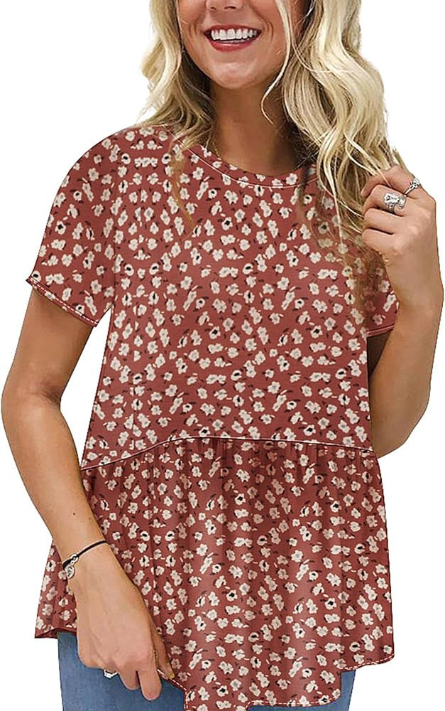 Hibluco Women's Summer Tops Short Sleeve Round Neck Floral Print Shirt Tunic Blouse | Amazon (US)