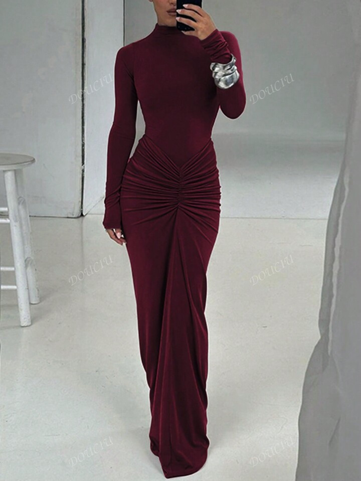 Women Fitted Crew Neck Long Sleeve Ruffle Hem Solid Color Dress, Spring/Autumn | SHEIN