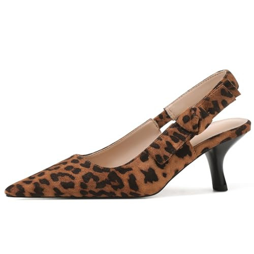 Erocalli Womens Leopard Heel Slingback Pointed Toe Suede Kitten Heel Pumps Comfortable Dress Wedding Party Shoes Bowknot Knitted | Amazon (US)