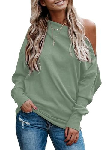 Dokotoo womens Sexy Green Sweatshirts Long Batwing Sleeve Zipper Off The Shoulder tops Ribbed Knit Solid Color Pullover Tops and blouses XX-Large | Amazon (US)