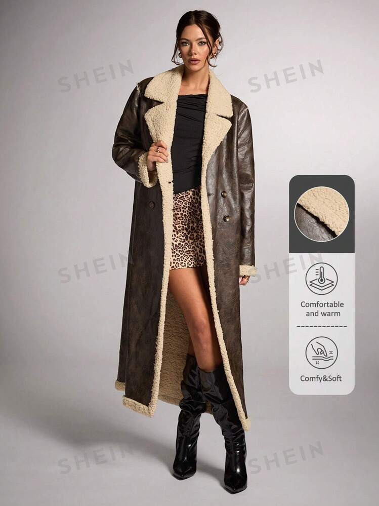 SHEIN BAE Women Coats Women's Oversized Wide Lapel Double Breasted Fluffy Lined Long Coat, Autumn... | SHEIN