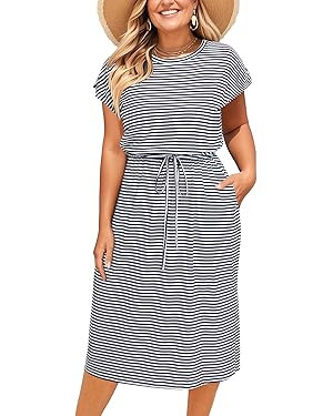 Pinup Fashion Women Plus Size Summer Dresses - Casual Work T Shirt Round Neck Midi Dress with Poc... | Amazon (US)