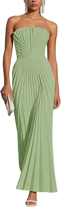 Cudiew Satin Wedding Guest Dresses Strapless Pleated A Line Long Formal Evening Party Dress for W... | Amazon (US)