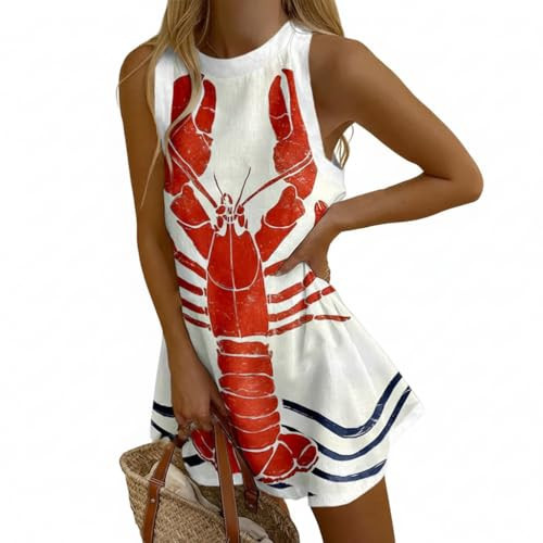 Nupucy Women's Crew Neck Sleeveless White Red Lobster Print Mini Dress Casual Summer Beach Dresses | Amazon (US)