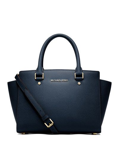 Selma Medium Top-Zip Satchel Bag, Navy | Neiman Marcus