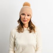 Cashmere Slouchy Cuff Beanie with Faux Fur Pom- Nude | Hat Attack