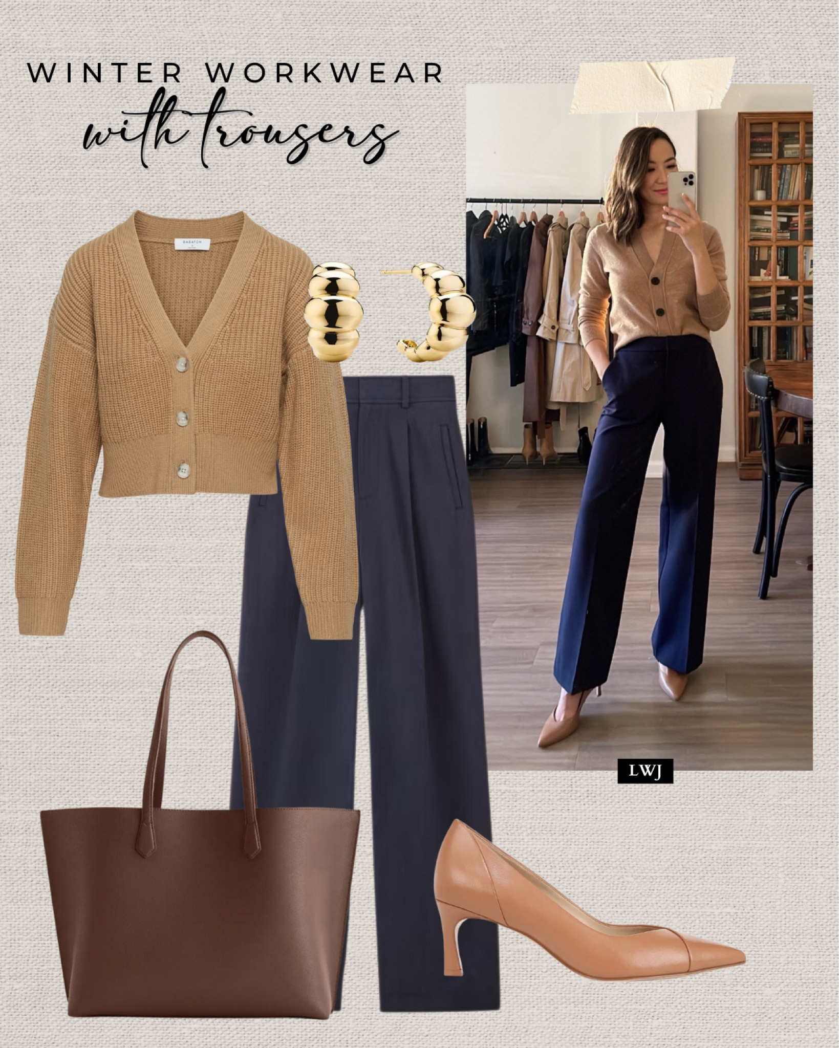 Winter workwear inspo with trousers I’ve linked

I’ve linked to similar styles for most items below: 
Cropped tan cardigan 
Navy trousers 
Tan heels 
Tote bag 

#LTKWorkwear #LTKSeasonal