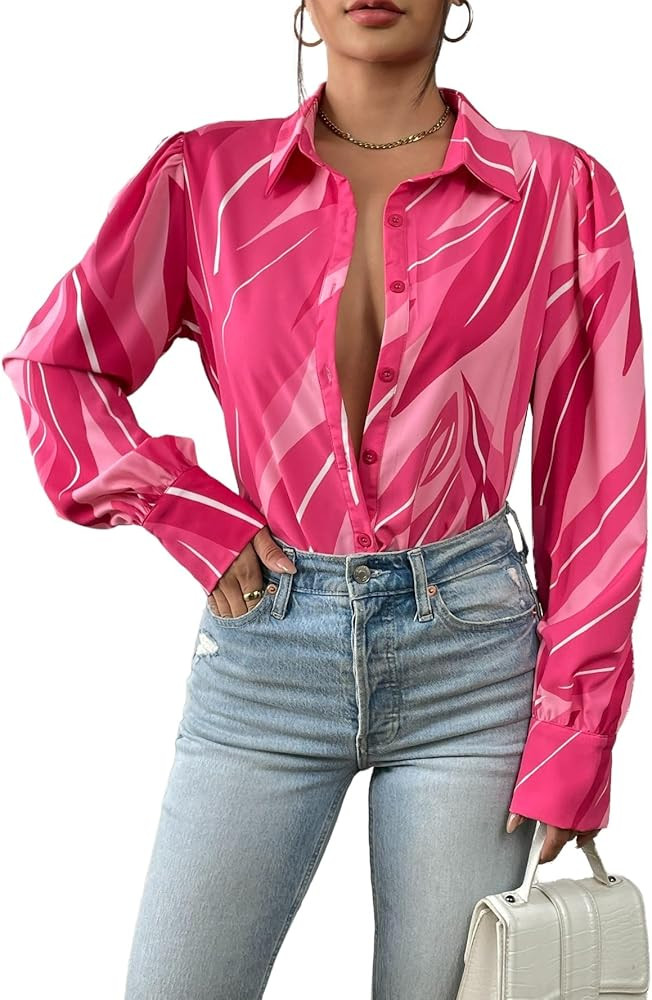 Zeagoo Womens Shirts Button Down Printed Lantern Long Sleeve Blouse Fashion Casual Tops 2024 | Amazon (US)