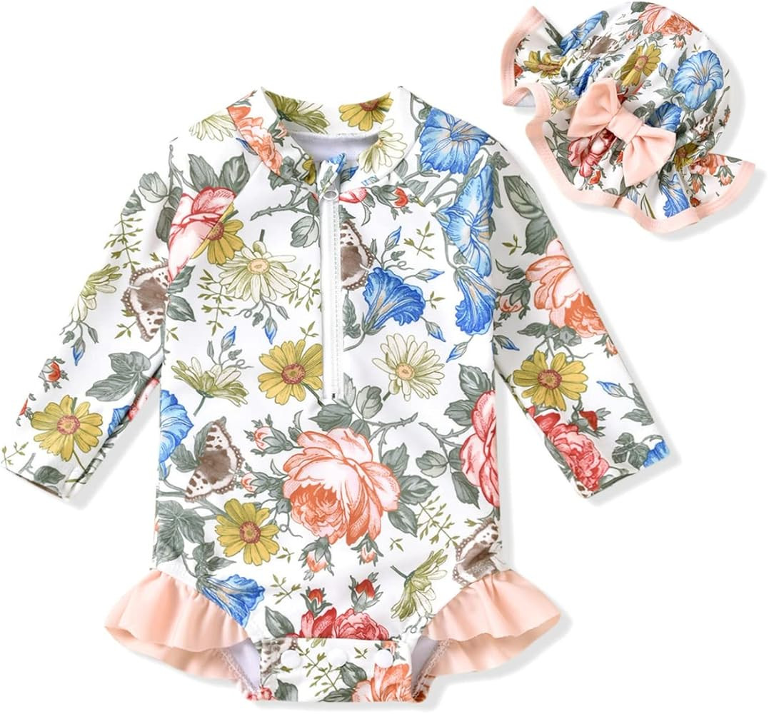 Aalizzwell Baby Girls Long Sleeve One Piece Swimsuit with Hat | Amazon (US)