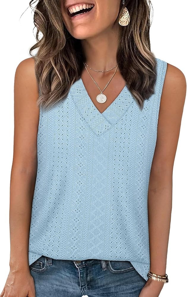 WIHOLL Tank Top for Women Summer Outfits V Neck T Shirts Trendy Eyelet Sleeveless Basic Beach Vac... | Amazon (US)