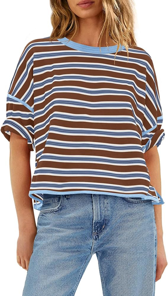 ReachMe Womens Striped Oversized T Shirts Vintage Drop Shoulder Crew Neck Short Sleeve Tees Casua... | Amazon (US)