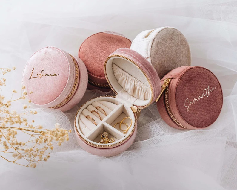 Personalized Round Travel Jewelry Case Custom Jewelry Box Bridesmaid Proposal Italian Velvet Jewe... | Etsy (US)