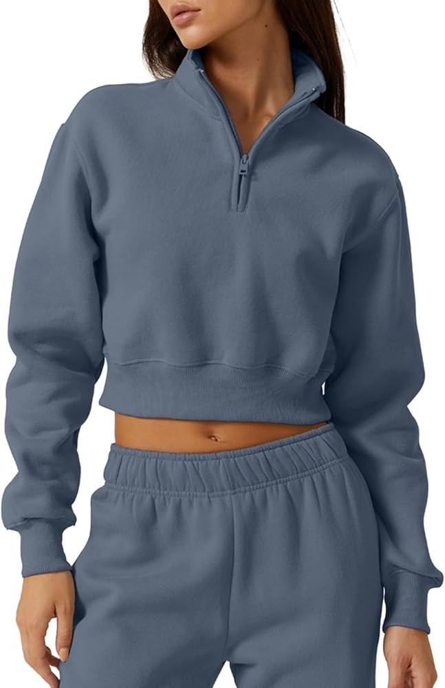 QINSEN Womens Half Zip Crop Sweatshirt High Neck Long Sleeve Pullover Cropped Top | Amazon (US)