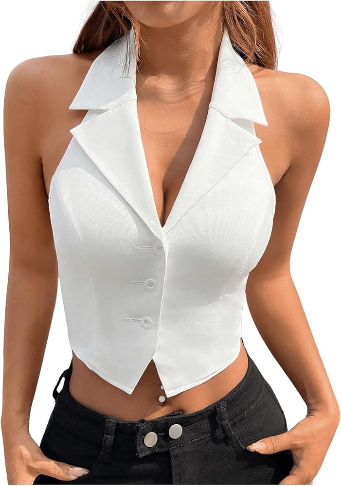 SOLY HUX Women's Halter V Neck Vest Button Down Backless Crop Tank Tops Sleeveless Blazer Waistco... | Amazon (US)