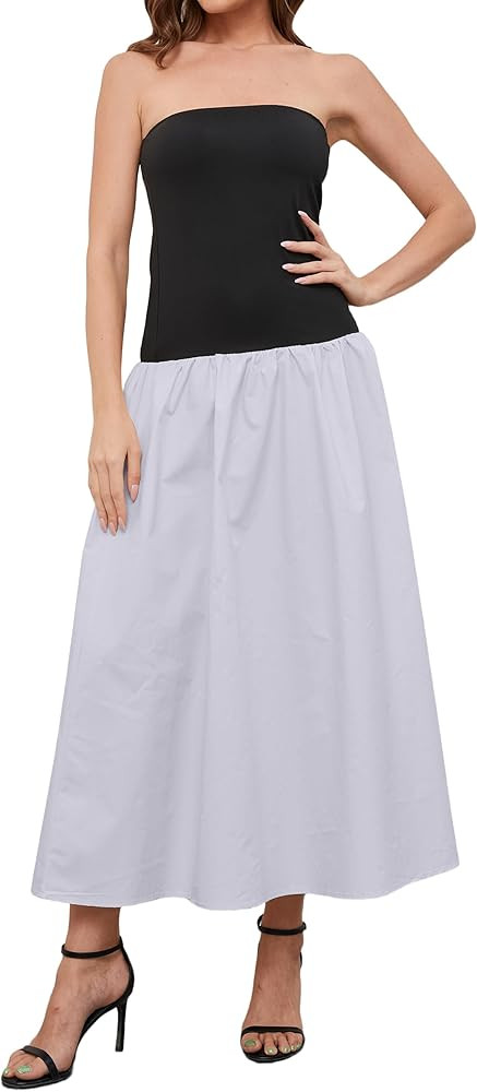 Women Summer Strapless Maxi Tube Dress Sleeveless Patchwork Off Shoulder Color Block Bandeau Swin... | Amazon (US)