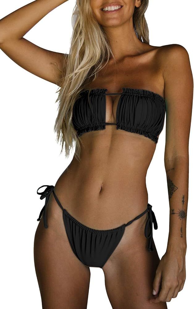 Byoauo Women Bandeau Bikini Top with Tie Side Thong Bottom Bathing Suit | Amazon (US)