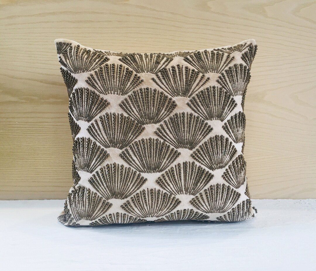 Cream Velvet Antique Gold Throw Pillow Luxury Contemporary Modern Pillow Hand Embroidered Embelli... | Etsy (US)