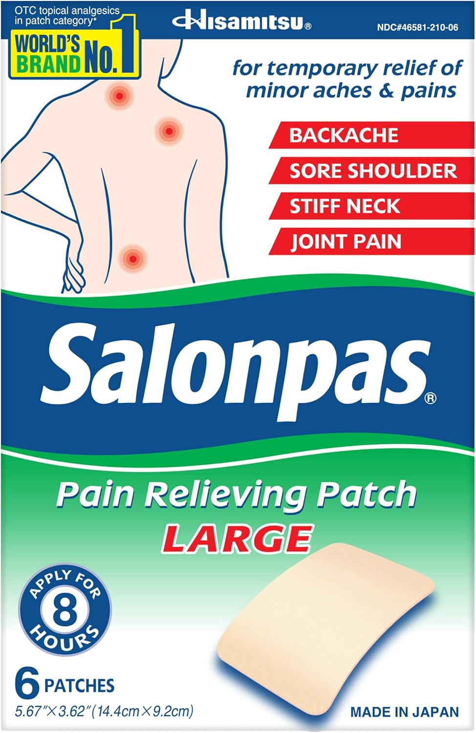 Salonpas Pain Relieving Patch, LARGE, 6 Count, for Back, Neck, Shoulder, Knee Pain and Muscle Soreness, 8 Hour Pain Relief | Amazon (US)