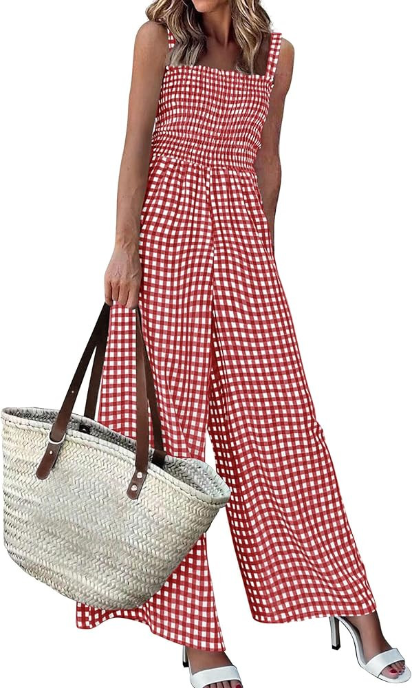 PRETTYGARDEN One Piece Jumpsuits for Women 2026 Summer Sleeveless Smocked Gingham Wide Leg Date N... | Amazon (US)