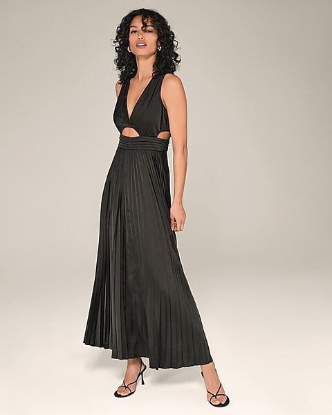 Satin Pleated V-Neck Sleeveless Cutout Maxi Dress | Express