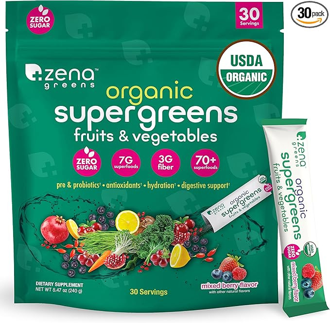 Zena Organic Super Greens Powder, 70+ Superfoods Drink Mix, 0 Sugar, 3G Fiber, Fruits, Veggies, S... | Amazon (US)